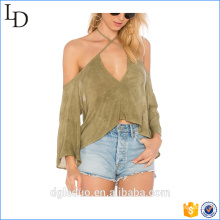china clothing factory wholesale sexy ladies blouse back neck design Tie Neck Cold Shoulder Chiffon Blouse